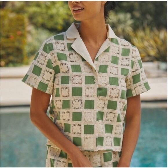 Flat White By Anthropologie Green And White Checker Crochet Button-Up Top Sz L - Picture 5 of 5